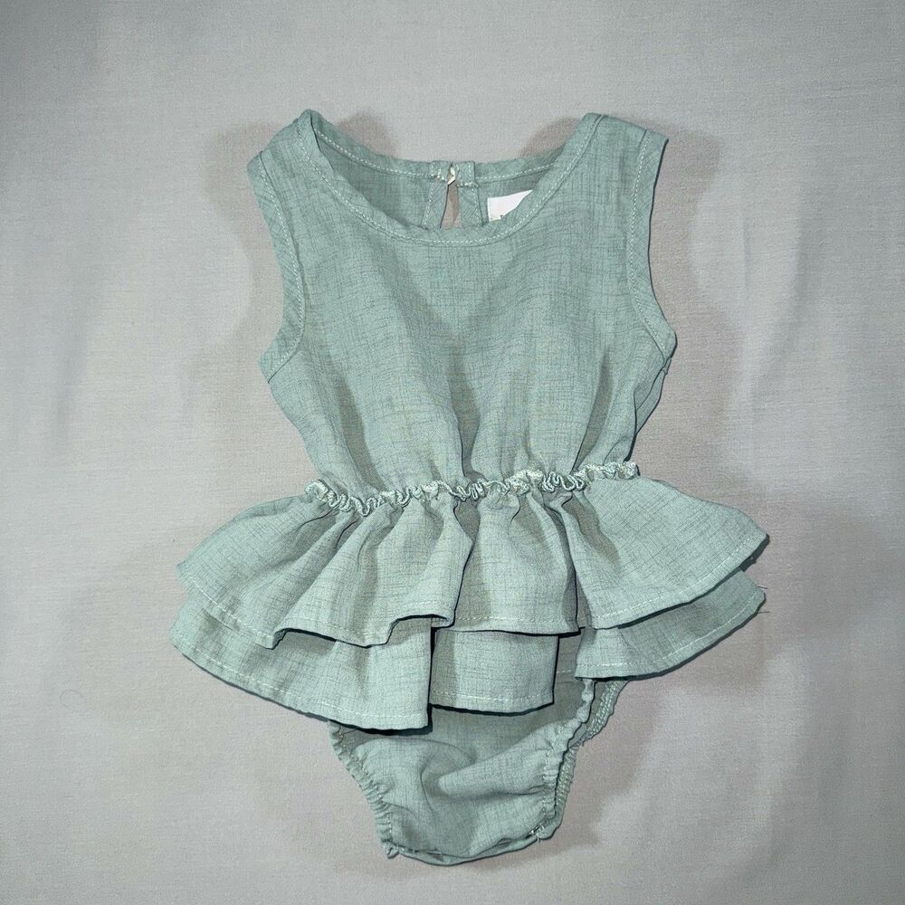 Bailey's Blossoms Baby Girl Green Ruffle One Piece Romper Size 9-12m